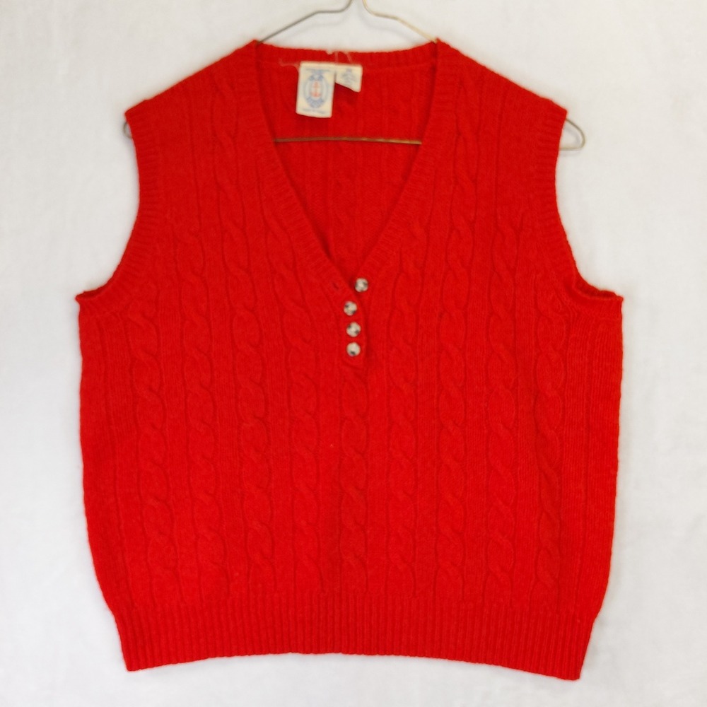 Vintage JG Hook Red British Shetland Wool Cable Knit V-Neck Sweater Vest 38
